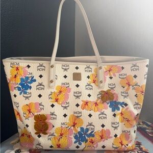 MCM Cream Floral Logo Tote with Pink, Yellow & Blue Flowers